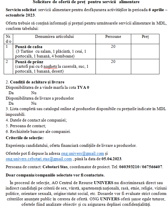 Solicitare de ofertă de preț  pentru servicii  alimentare