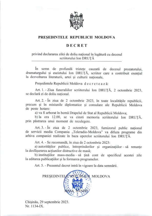Funeraliile lui Ion Druță: 2 octombrie, zi de doliu național